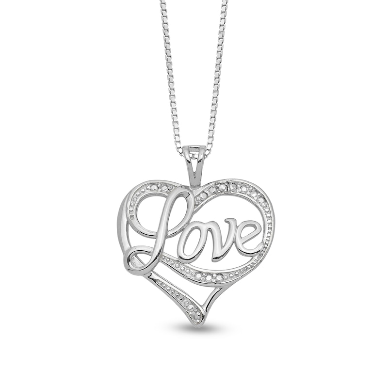 Diamond Accent Beaded Cursive "Love" with Ribbon Heart Pendant in Sterling Silver – 16"