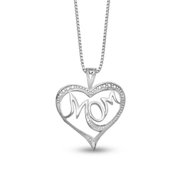 Diamond Accent Beaded &quot;MOM&quot; Loop Heart Pendant in Sterling Silver – 16&quot;