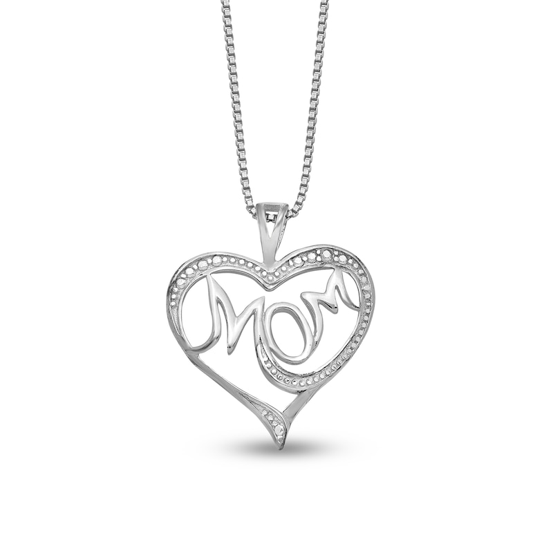 Diamond Accent Beaded "MOM" Loop Heart Pendant in Sterling Silver – 16"