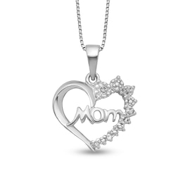 Diamond Accent Beaded Flower Cluster &quot;Mom&quot; Shadow Heart Pendant in Sterling Silver – 16&quot;