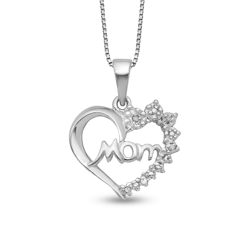 Diamond Accent Beaded Flower Cluster "Mom" Shadow Heart Pendant in Sterling Silver – 16"