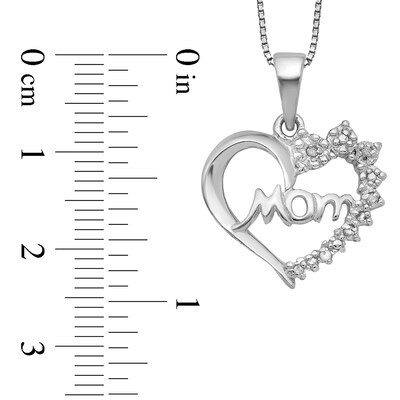 Diamond Accent Beaded Flower Cluster "Mom" Shadow Heart Pendant in Sterling Silver – 16"