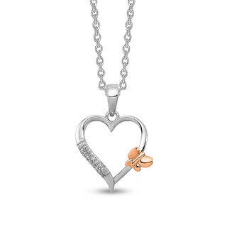 0.05 CT. T.W. Diamond Double Row with Offset Butterfly Heart Pendant in Sterling Silver and 14K Rose Gold