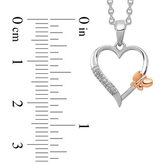 0.05 CT. T.W. Diamond Double Row with Offset Butterfly Heart Pendant in Sterling Silver and 14K Rose Gold