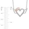 Thumbnail Image 2 of 0.087 CT. T.W. Diamond Beaded Heart with Halo and Angel Wings Necklace in Sterling Silver and 10K Rose Gold