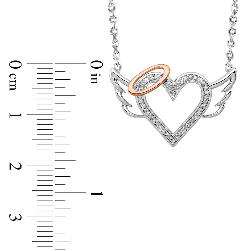 Main Image 2 of 0.087 CT. T.W. Diamond Beaded Heart with Halo and Angel Wings Necklace in Sterling Silver and 10K Rose Gold