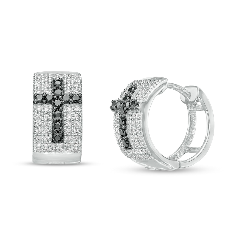 Men's 0.50 CT. T.W. Black Enhanced and White Diamond Cross Hoop Earrings in 10K White Gold|Peoples Jewellers