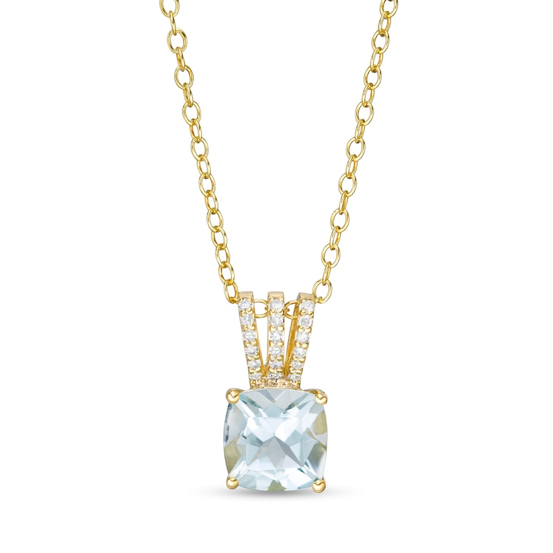 Main Image 1 of 7.0mm Cushion-Cut Aquamarine and 0.04 CT. T.W. Diamond Triple Row Split Bail Pendant in 10K Gold