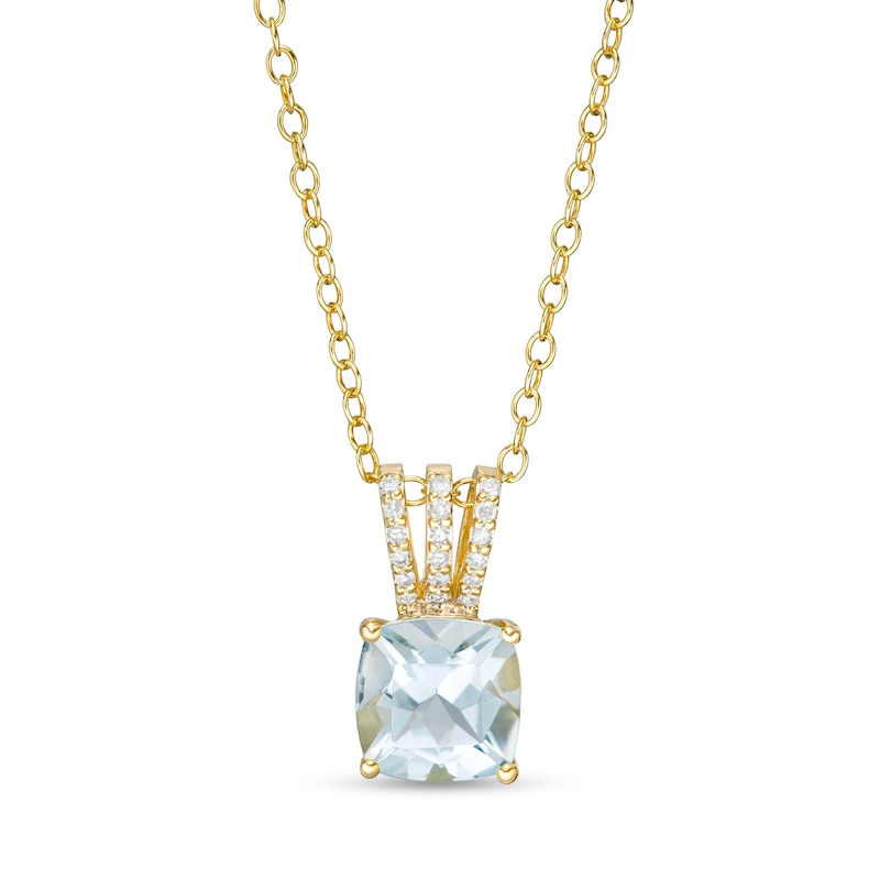 7.0mm Cushion-Cut Aquamarine and 0.04 CT. T.W. Diamond Triple Row Split Bail Pendant in 10K Gold|Peoples Jewellers