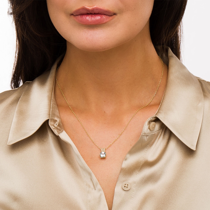 Main Image 2 of 7.0mm Cushion-Cut Aquamarine and 0.04 CT. T.W. Diamond Triple Row Split Bail Pendant in 10K Gold