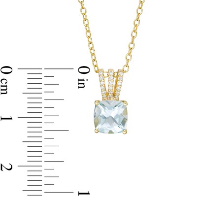 7.0mm Cushion-Cut Aquamarine and 0.04 CT. T.W. Diamond Triple Row Split Bail Pendant in 10K Gold