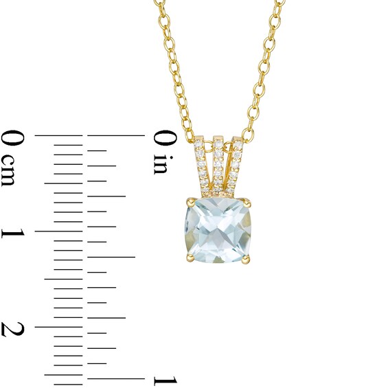 7.0mm Cushion-Cut Aquamarine and 0.04 CT. T.W. Diamond Triple Row Split Bail Pendant in 10K Gold