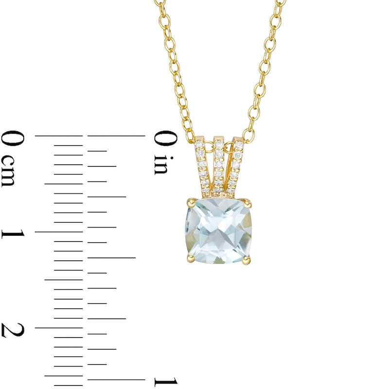 Main Image 3 of 7.0mm Cushion-Cut Aquamarine and 0.04 CT. T.W. Diamond Triple Row Split Bail Pendant in 10K Gold