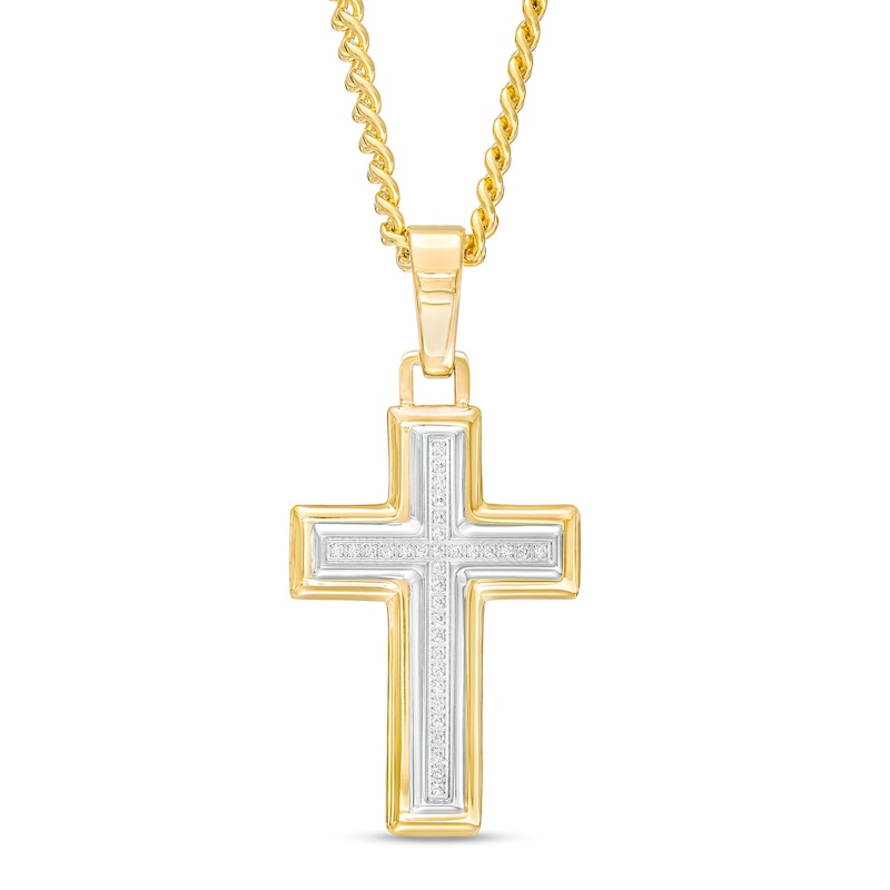 Men's 0.09 CT. T.W. Diamond Cross Pendant in Stainless Steel and Yellow Ion-Plate – 24"