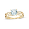 Thumbnail Image 1 of 7.0mm Cushion-Cut Aquamarine and 0.18 CT. T.W. Diamond Triple Row Split Shank Ring in 10K Gold