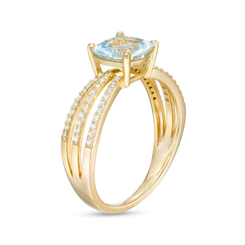 Main Image 3 of 7.0mm Cushion-Cut Aquamarine and 0.18 CT. T.W. Diamond Triple Row Split Shank Ring in 10K Gold