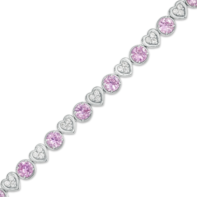 Main Image 1 of 4.5mm Pink and White Lab-Created Sapphire Alternating Heart Line Bracelet in Sterling Silver – 7.25"