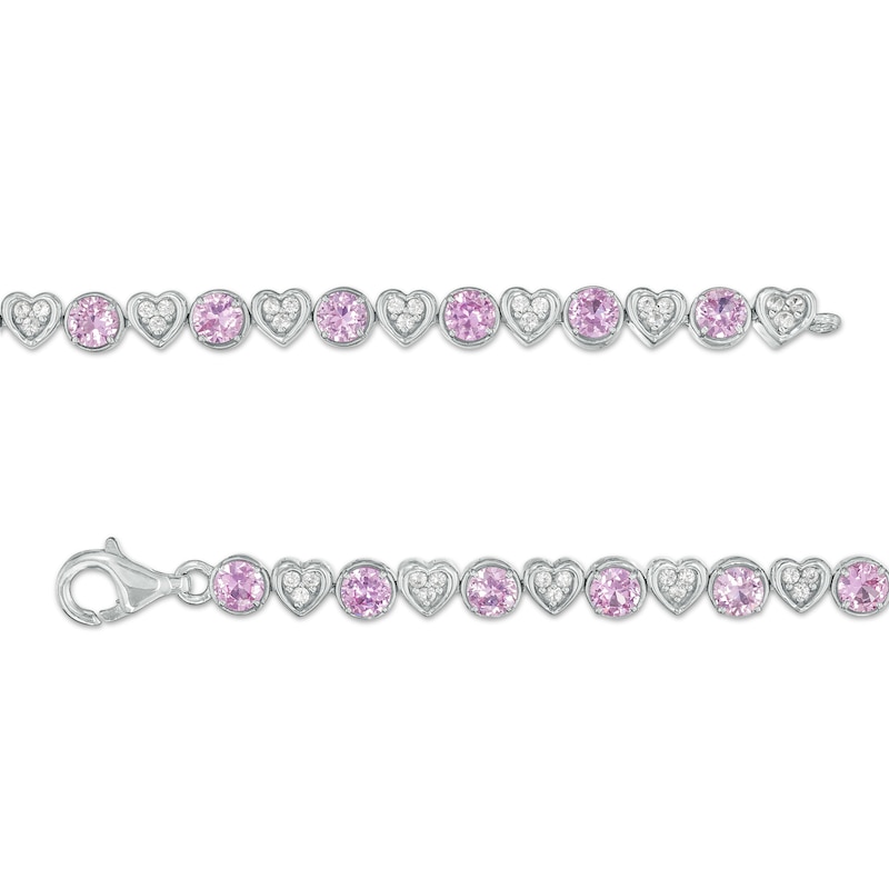 Main Image 3 of 4.5mm Pink and White Lab-Created Sapphire Alternating Heart Line Bracelet in Sterling Silver – 7.25"