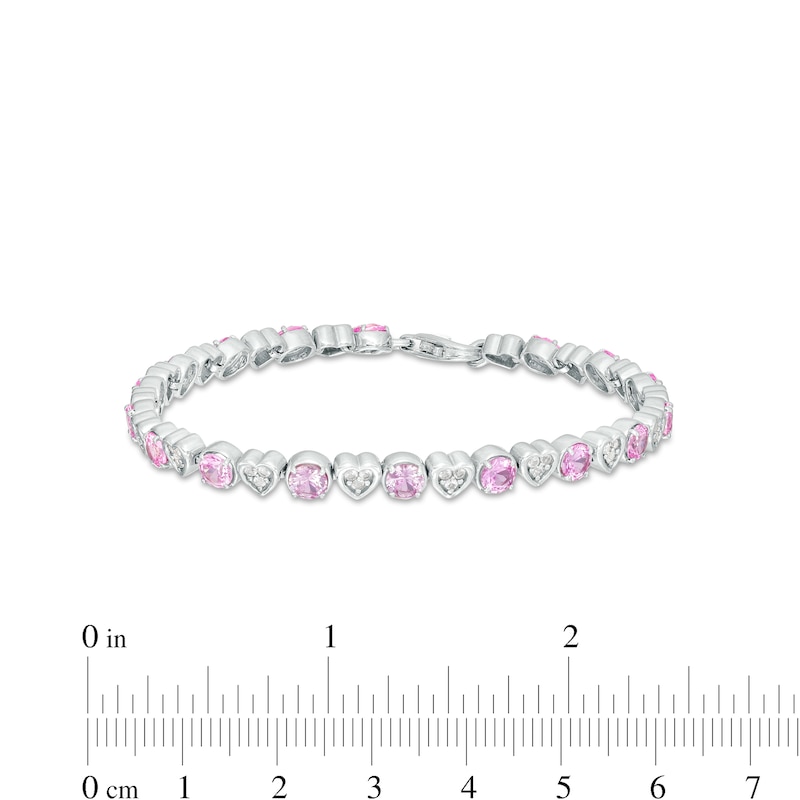 Main Image 4 of 4.5mm Pink and White Lab-Created Sapphire Alternating Heart Line Bracelet in Sterling Silver – 7.25"