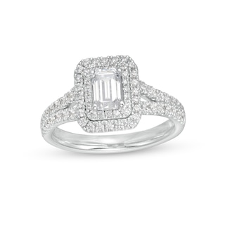 1.18 CT. T.W. GIA-Graded Emerald-Cut Diamond Double Frame Split Shank Engagement Ring in 14K White Gold