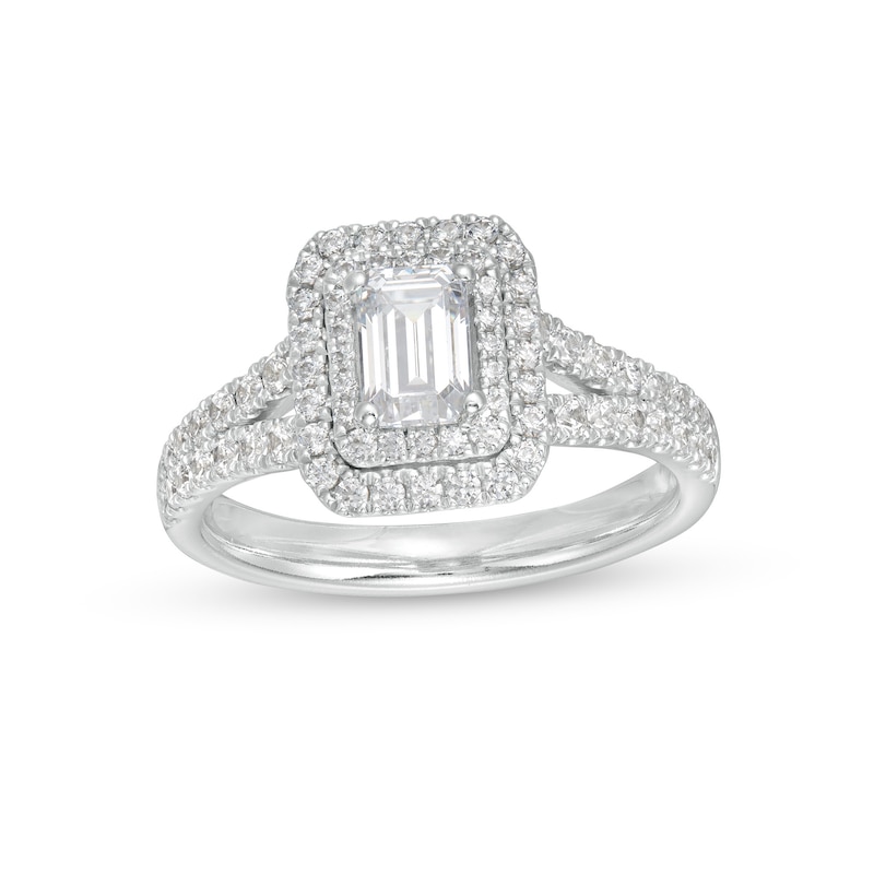 1.18 CT. T.W. GIA-Graded Emerald-Cut Diamond Double Frame Split Shank Engagement Ring in 14K White Gold