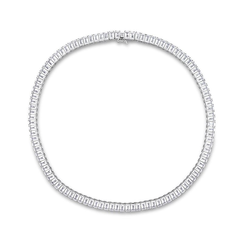 Main Image 3 of Baguette White Lab-Created Sapphire Tennis Necklace in Sterling Silver