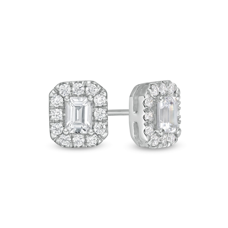 1.00 CT. T.W. Certified Emerald-Cut Lab-Created Diamond Frame Stud Earrings in 14K White Gold (F/SI2)|Peoples Jewellers