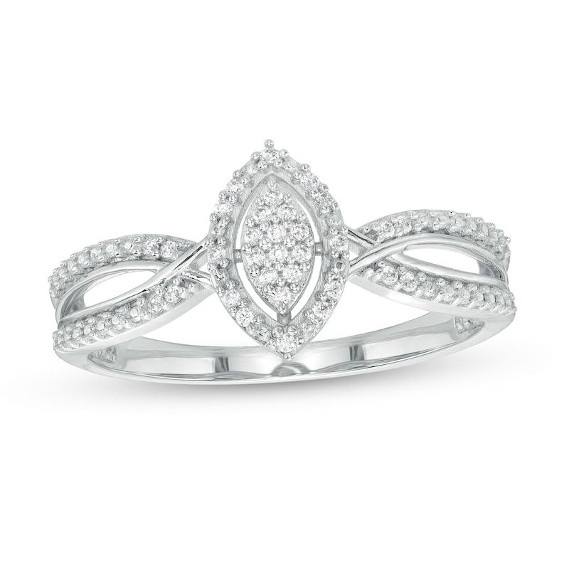 0.07 CT. T.W. Marquise-Shaped Multi-Diamond Frame Twisted Split Shank Promise Ring in 10K White Gold