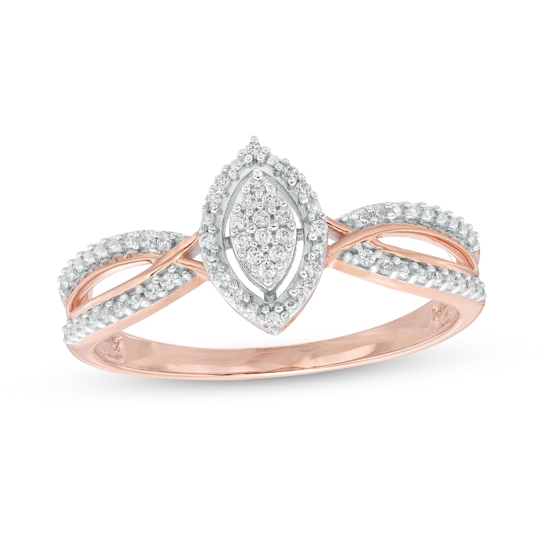 Main Image 1 of 0.07 CT. T.W. Marquise-Shaped Multi-Diamond Frame Twisted Split Shank Promise Ring in 10K Rose Gold