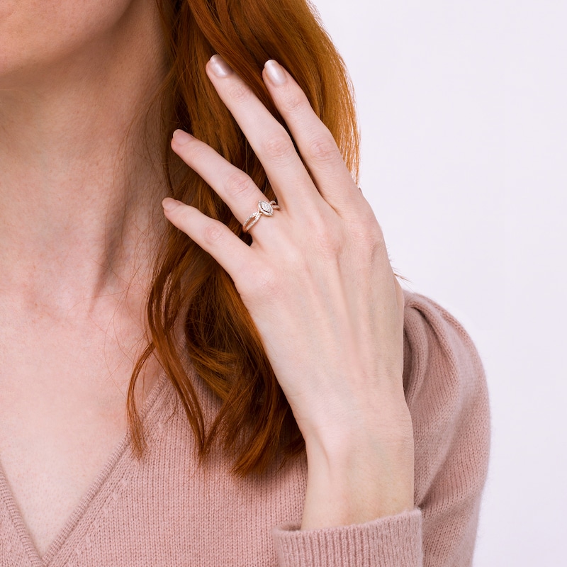 Main Image 2 of 0.07 CT. T.W. Marquise-Shaped Multi-Diamond Frame Twisted Split Shank Promise Ring in 10K Rose Gold