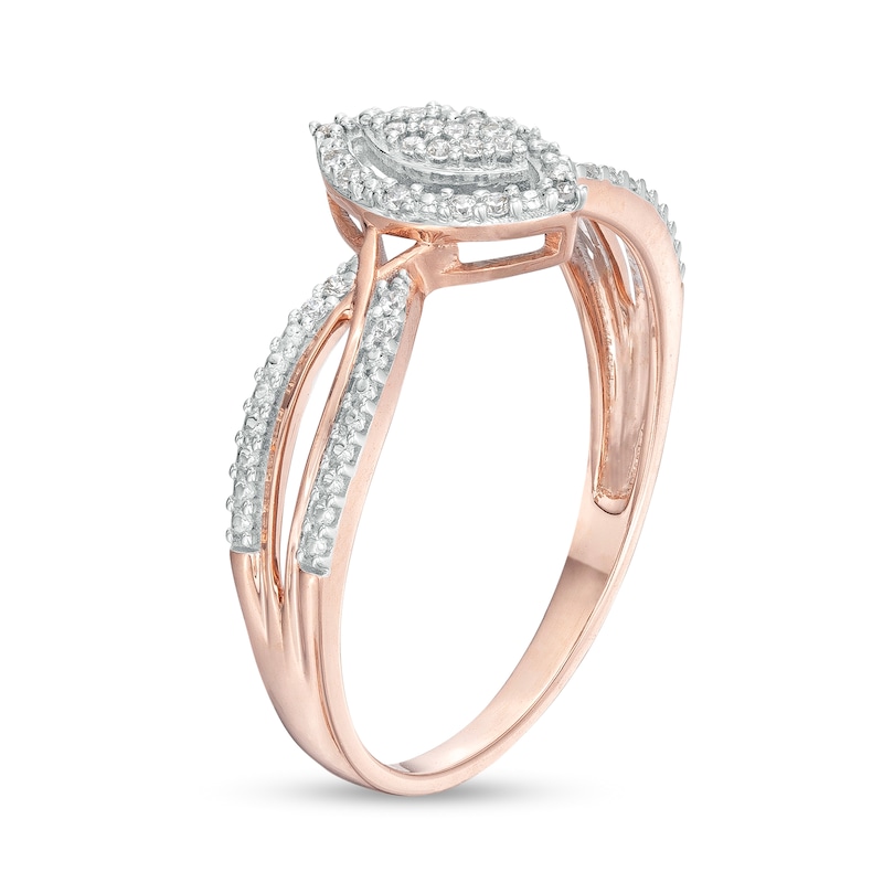 Main Image 3 of 0.07 CT. T.W. Marquise-Shaped Multi-Diamond Frame Twisted Split Shank Promise Ring in 10K Rose Gold