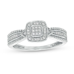 0.08 CT. T.W. Cushion-Shaped Multi-Diamond Beaded Frame Chevron Side Accent Triple Row Promise Ring in 10K White Gold