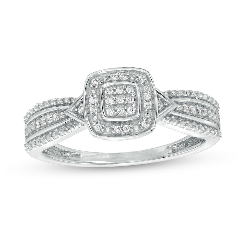 0.08 CT. T.W. Cushion-Shaped Multi-Diamond Beaded Frame Chevron Side Accent Triple Row Promise Ring in 10K White Gold