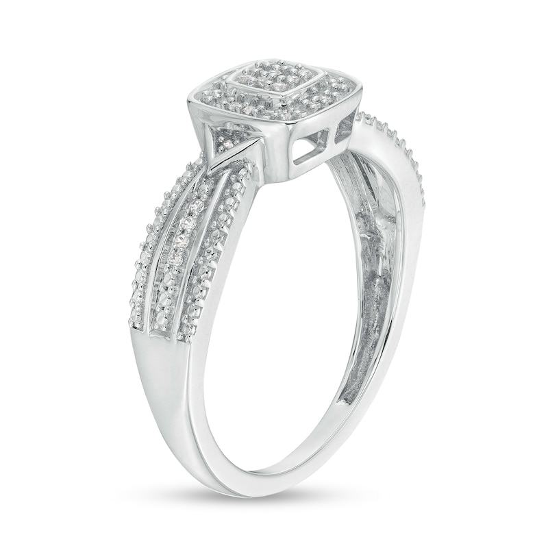 0.08 CT. T.W. Cushion-Shaped Multi-Diamond Beaded Frame Chevron Side Accent Triple Row Promise Ring in 10K White Gold