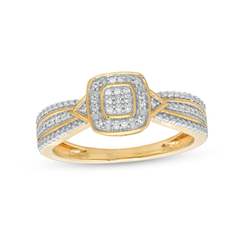 0.08 CT. T.W. Cushion-Shaped Multi-Diamond Beaded Frame Chevron Side Accent Triple Row Promise Ring in 10K Gold
