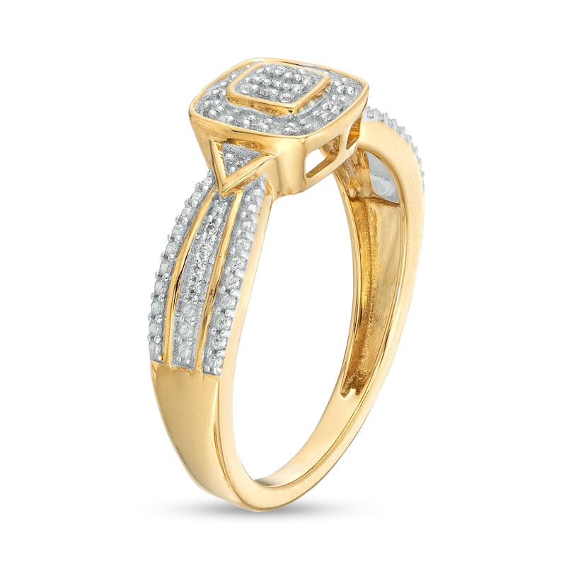 Main Image 3 of 0.08 CT. T.W. Cushion-Shaped Multi-Diamond Beaded Frame Chevron Side Accent Triple Row Promise Ring in 10K Gold