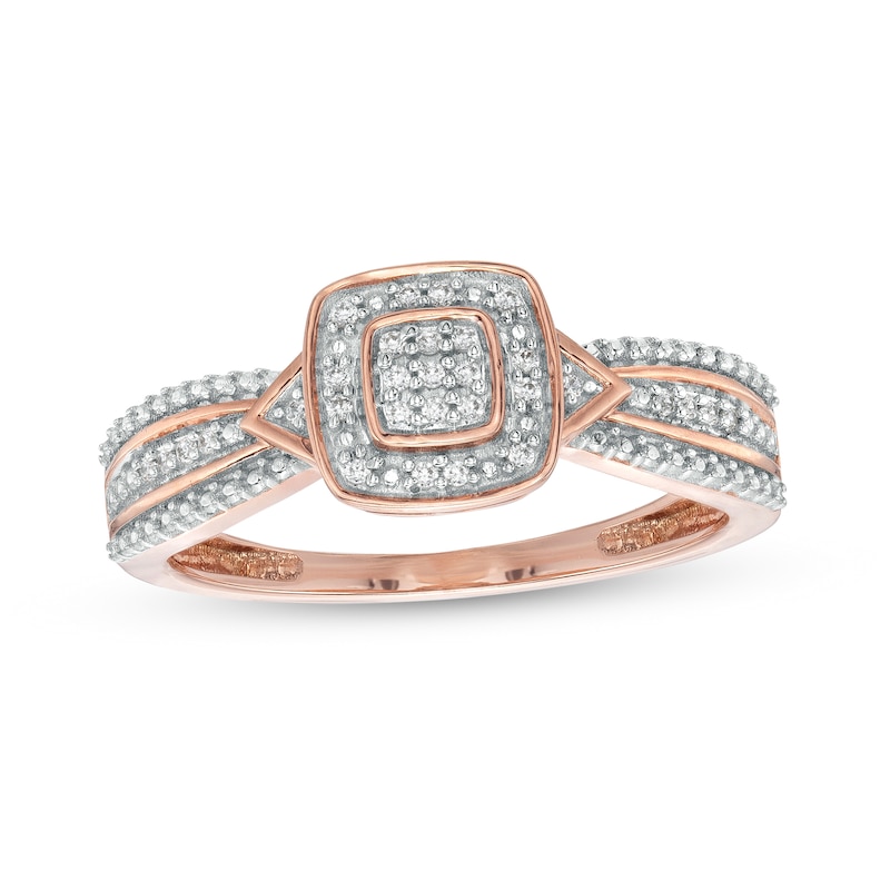 0.08 CT. T.W. Cushion-Shaped Multi-Diamond Beaded Frame Chevron Side Accent Triple Row Promise Ring in 10K Rose Gold
