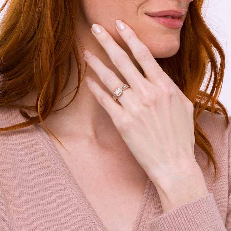 Main Image 2 of 0.08 CT. T.W. Cushion-Shaped Multi-Diamond Beaded Frame Chevron Side Accent Triple Row Promise Ring in 10K Rose Gold