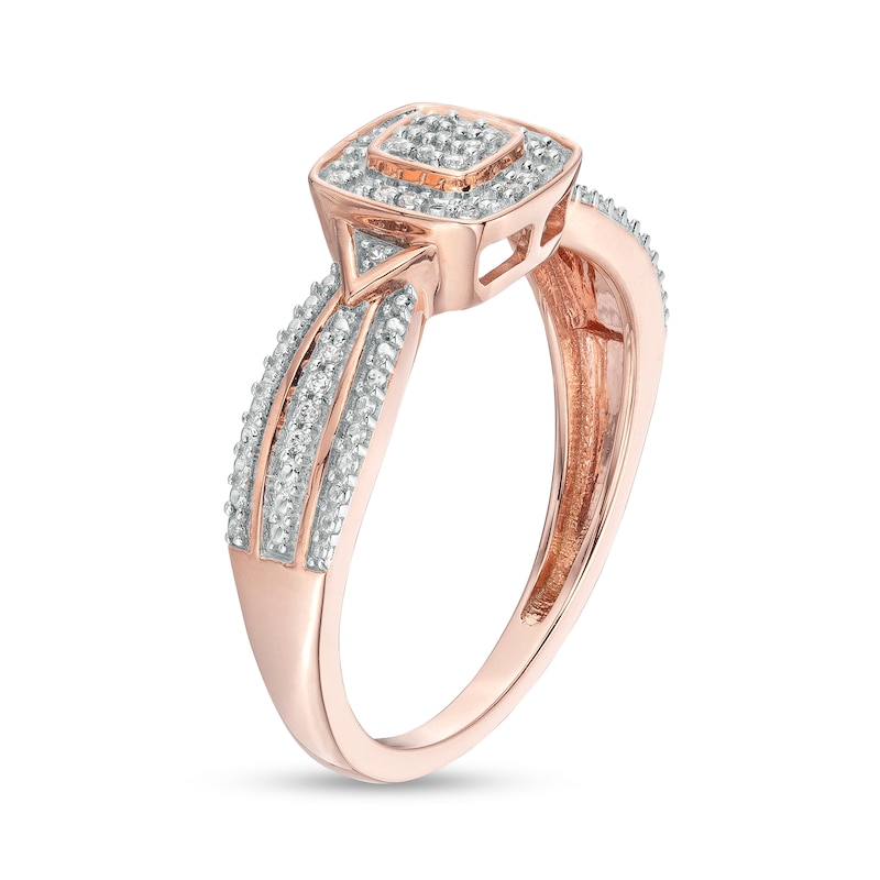 0.08 CT. T.W. Cushion-Shaped Multi-Diamond Beaded Frame Chevron Side Accent Triple Row Promise Ring in 10K Rose Gold