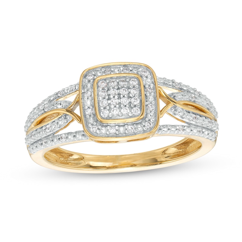 0.12 CT. T.W. Cushion-Shaped Multi-Diamond Beaded Frame Multi-Row Twisted Split Shank Promise Ring in 10K Gold