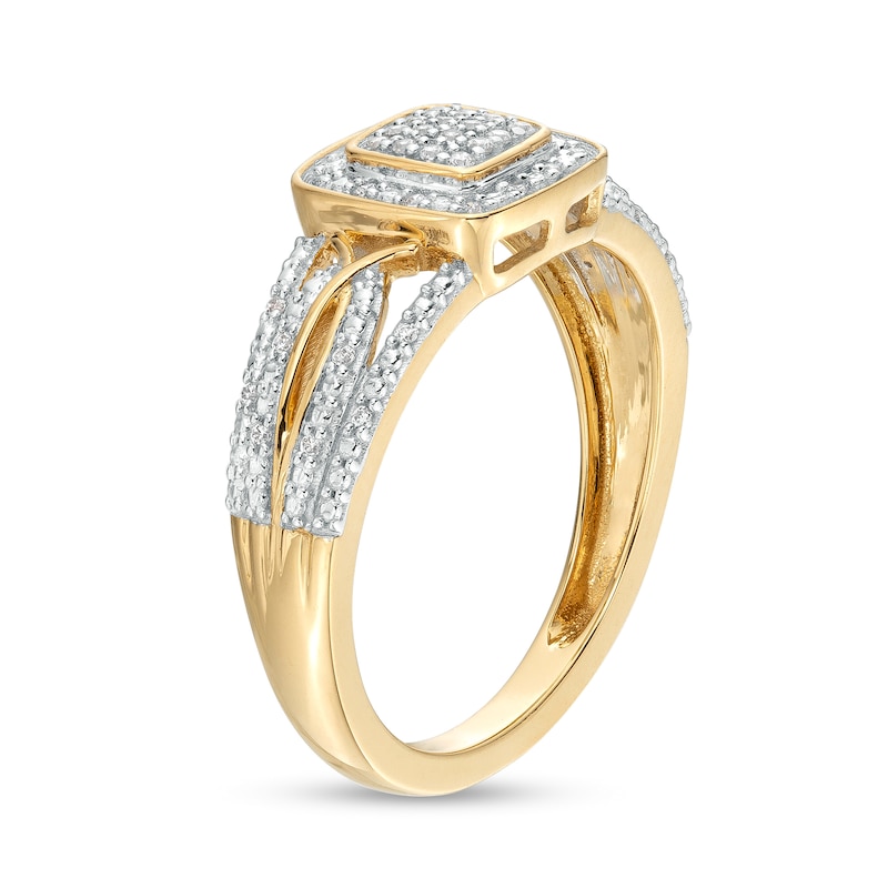 0.12 CT. T.W. Cushion-Shaped Multi-Diamond Beaded Frame Multi-Row Twisted Split Shank Promise Ring in 10K Gold