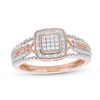 Thumbnail Image 0 of 0.12 CT. T.W. Cushion-Shaped Multi-Diamond Beaded Frame Multi-Row Twisted Split Shank Promise Ring in 10K Rose Gold