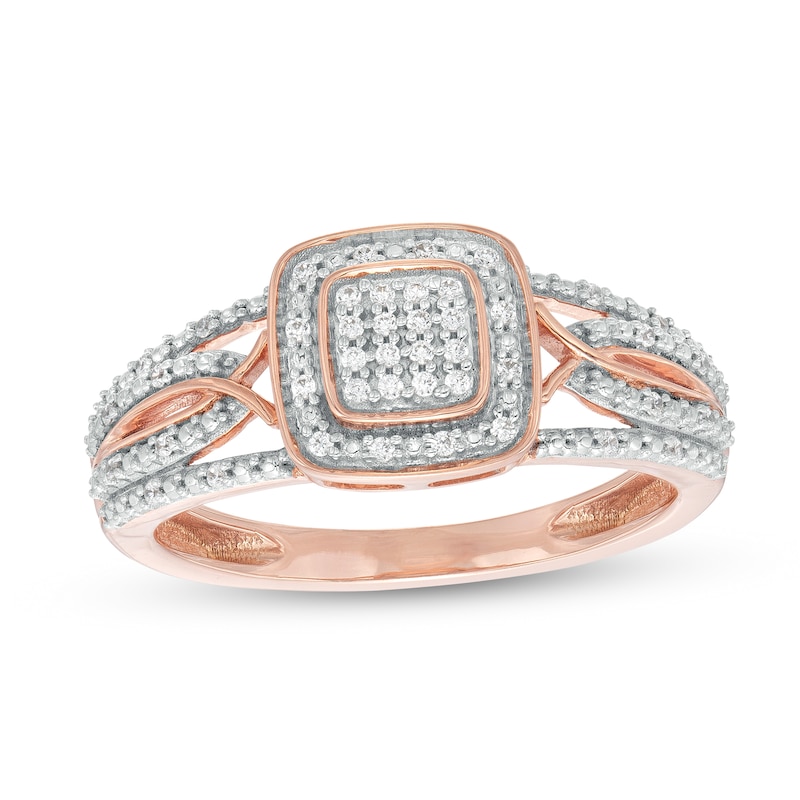 Main Image 1 of 0.12 CT. T.W. Cushion-Shaped Multi-Diamond Beaded Frame Multi-Row Twisted Split Shank Promise Ring in 10K Rose Gold