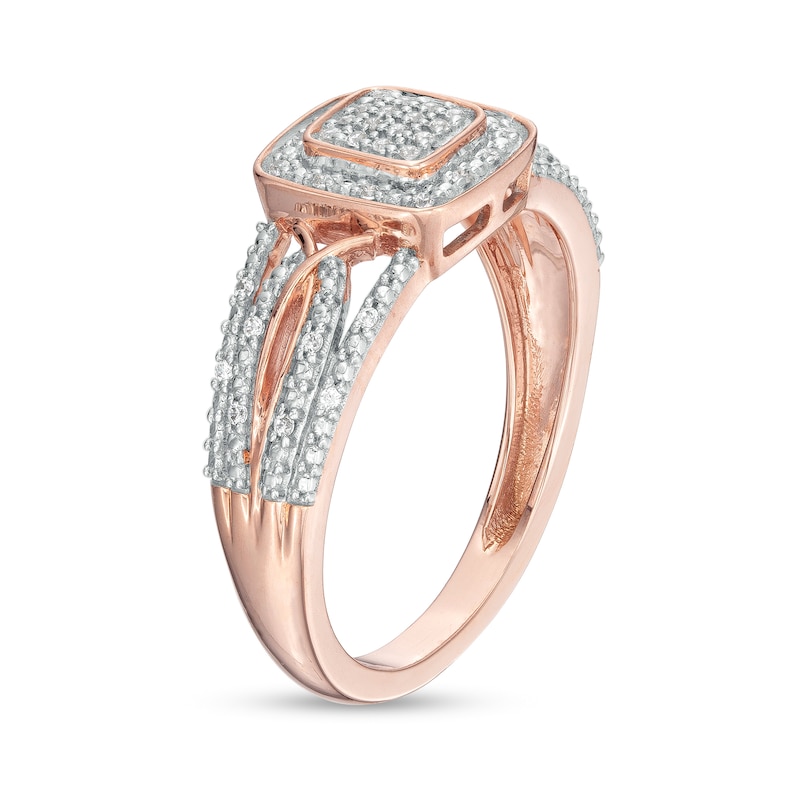 Main Image 3 of 0.12 CT. T.W. Cushion-Shaped Multi-Diamond Beaded Frame Multi-Row Twisted Split Shank Promise Ring in 10K Rose Gold