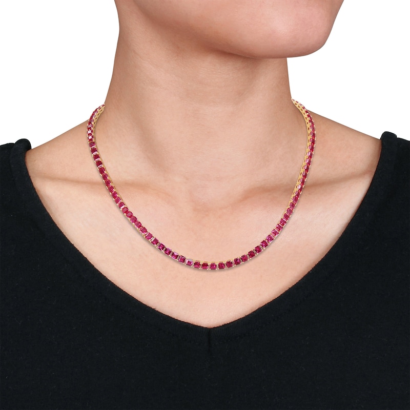 Main Image 2 of 4.0mm Princess-Cut Lab-Created Ruby Tennis Necklace in Sterling Silver with Yellow Rhodium