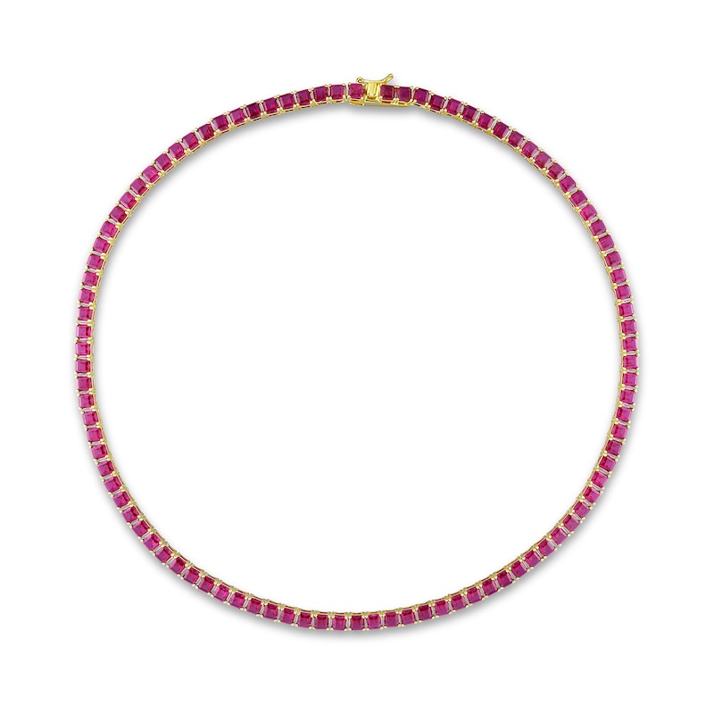 Main Image 3 of 4.0mm Princess-Cut Lab-Created Ruby Tennis Necklace in Sterling Silver with Yellow Rhodium