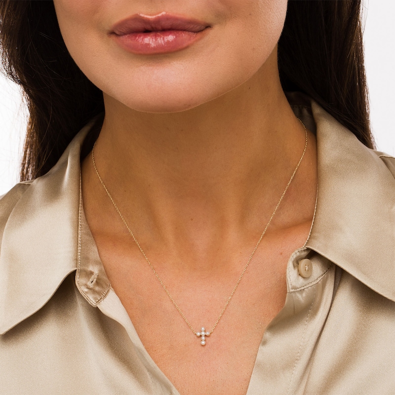 Cultured Freshwater Pearl Mini Cross Necklace in 10K Gold