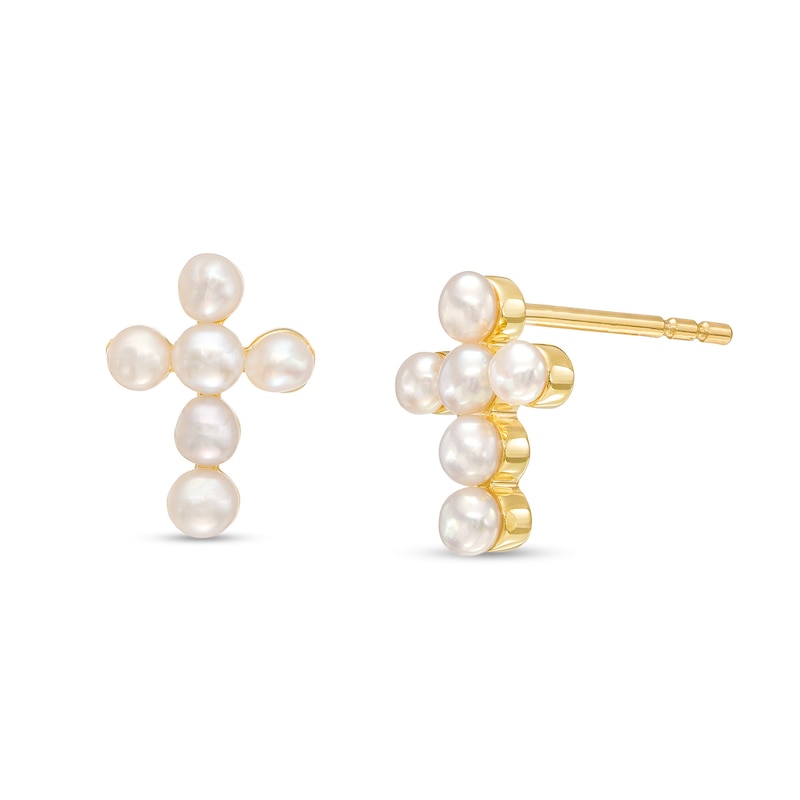 Cultured Freshwater Pearl Mini Cross Stud Earrings in 10K Gold