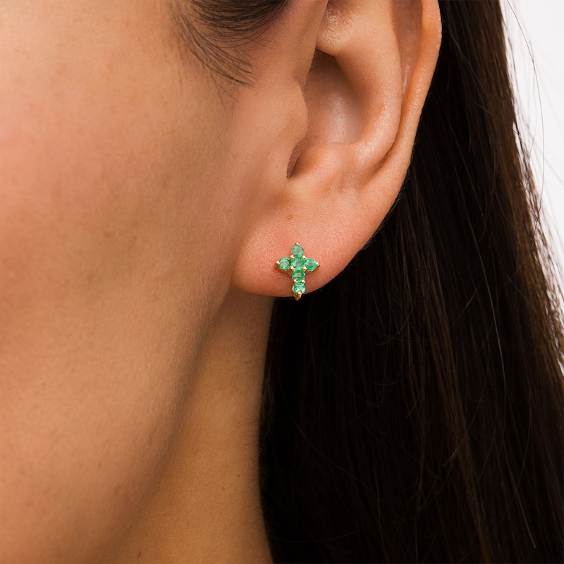 Emerald Mini Cross Stud Earrings in 10K Gold
