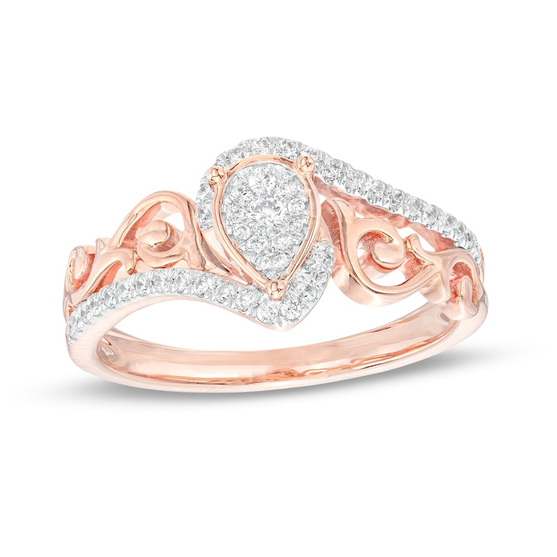0.25 CT. T.W. Pear-Shaped Multi-Diamond Filigree Shank Bypass Promise Ring in Sterling Silver with 14K Rose Gold Plate